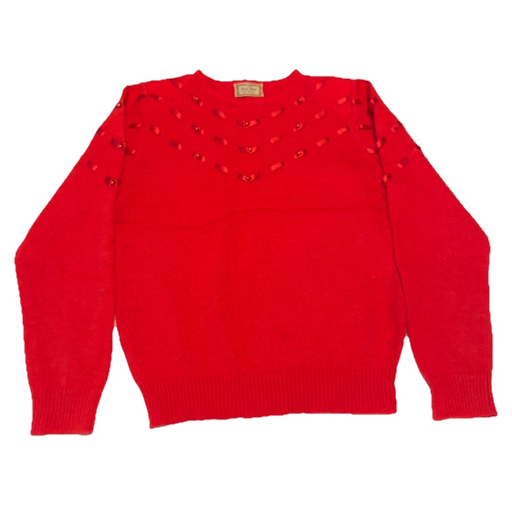 Vintage Blue Bird San Remo Italy Mohair Red Sweater Ribbon Pearl M/L Holiday